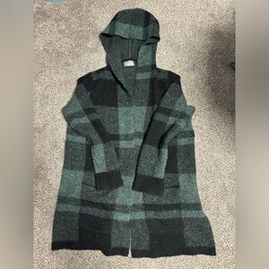 Sz L Green/black plaid long cardigan